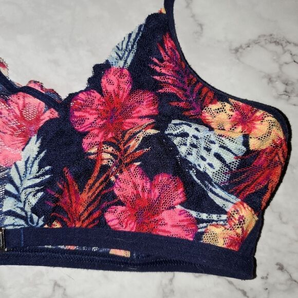 PINK VS Tropical Hibiscus Floral Wireless Front Closure Lined Lace Bralette - Picture 4 of 5